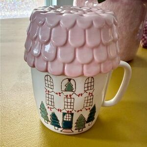 Pink Anthropologie Gingerbread House Mug with Lid